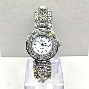 Womens Vivani Watch 27mm Silver Tone MOP Dial Bling Crystals Rhinestones Battery